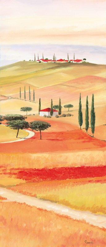 Renee, Tuscan Village III (Landschaftsmalerei, Landschaft, Toskana, Italien, Hügel,  Pinien, Idylle, mediterran, Zypressen, Dorf, Wunschgröße, Wohnzimmer, Arztpraxis)