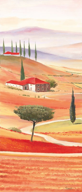 Renee, Tuscan Village IV (Landschaftsmalerei, Landschaft, Toskana, Italien, Hügel,  Pinien, Idylle, mediterran, Zypressen, Dorf, Wunschgröße, Wohnzimmer, Arztpraxis)