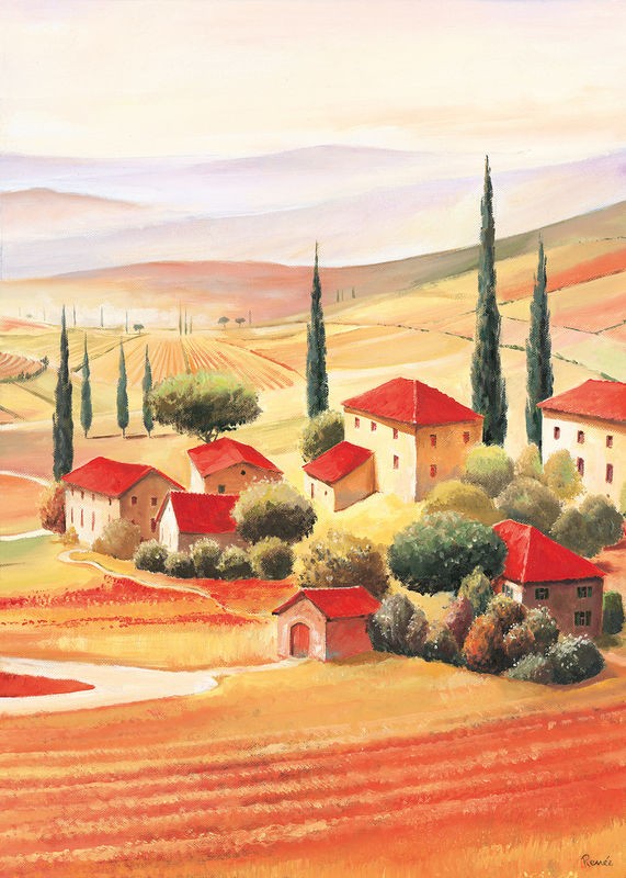 Renee, Tuscan Village V (Landschaftsmalerei, Landschaft, Toskana, Italien, Hügel,  Pinien, Idylle, mediterran, Zypressen, Dorf, Wunschgröße, Wohnzimmer, Arztpraxis)