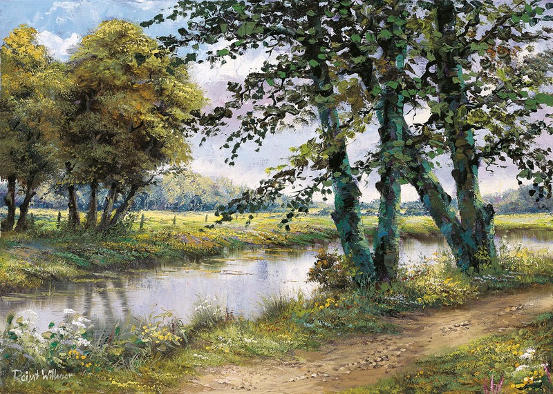 Reint Withaar, River and trees (Fluss, Weg, Bäume, Einsamkeit, Ruhe, Idylle, Landschaft, Treppenhaus, Wohnzimmer, Esszimmer, Malerei, Wunschgröße, bunt)