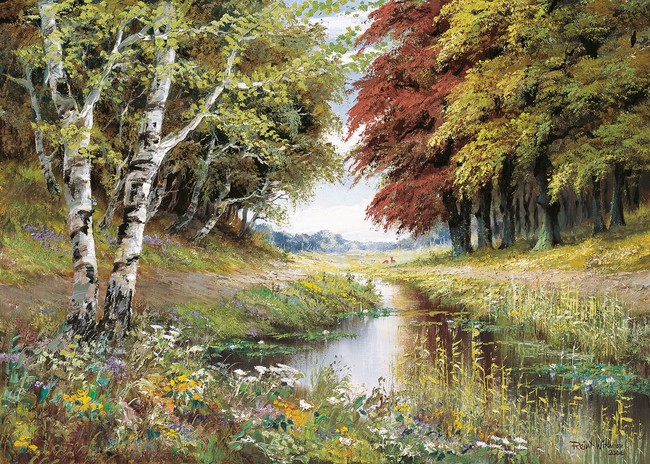 Reint Withaar, Reflection in water (Bach, Fluss, Wald, Bäume, Einsamkeit, Ruhe, Idylle, Landschaft, Treppenhaus, Wohnzimmer, Esszimmer, Malerei, bunt)