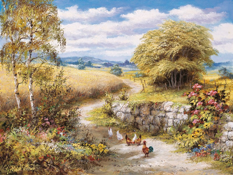 Reint Withaar, Lucky chickens (Mauer, alte Mauer, Nostalgie, Blumen, Blüten, Hühner, Idylle, Treppenhaus, Wohnzimmer, Esszimmer, Malerei, Wunschgröße, bunt)