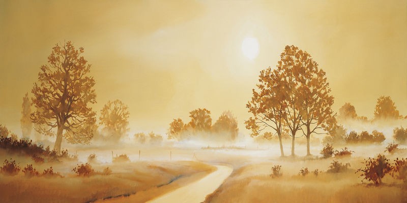 Frans Nauts, Misty landscape II (Landschaft, Dunst, Nebel, Bach, Sonnenaufgang, Treppenhaus, Wohnzimmer, Wunschgröße, Malerei, gold/braun)