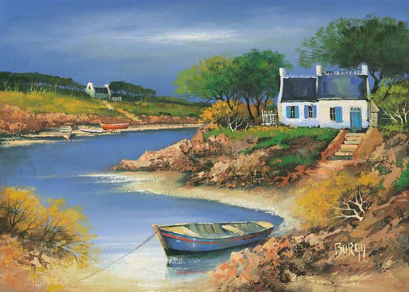 Burgy, Bretagne I (Landschaft, Fluss, Frankreich, Bretagne, Urlaub, Malerei,  Treppenhaus, Wohnzimmer, Wunschgröße, bunt)