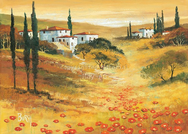 Burgy, Poppies in Tuscany I (Landschaft, Toscana, Italien,  mediterran, Zypressen, Mohnblüten, Sommer, Urlaub, Malerei,  Treppenhaus, Wohnzimmer, Wunschgröße, bunt)