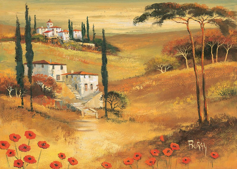 Burgy, Poppies in Tuscany II (Landschaft, Toscana, Italien,  mediterran, Zypressen, Mohnblüten, Sommer, Urlaub, Malerei,  Treppenhaus, Wohnzimmer, Wunschgröße, bunt)