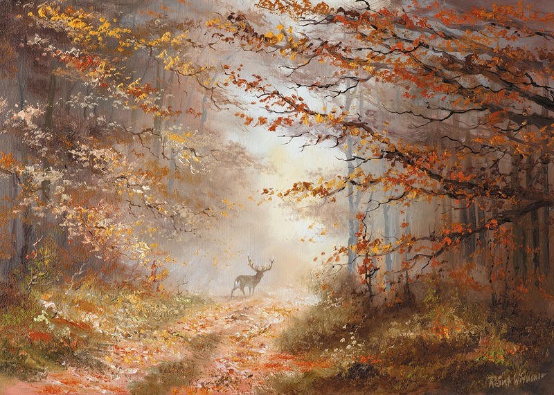 Reint Withaar, Autumn view (Wald, Waldweg, Hirsch, Dunst, Nebel, Herbst, Weg, Bäume, Einsamkeit, Ruhe, Idylle, Landschaft, Treppenhaus, Wohnzimmer, Esszimmer, Malerei, Wunschgröße, bunt)