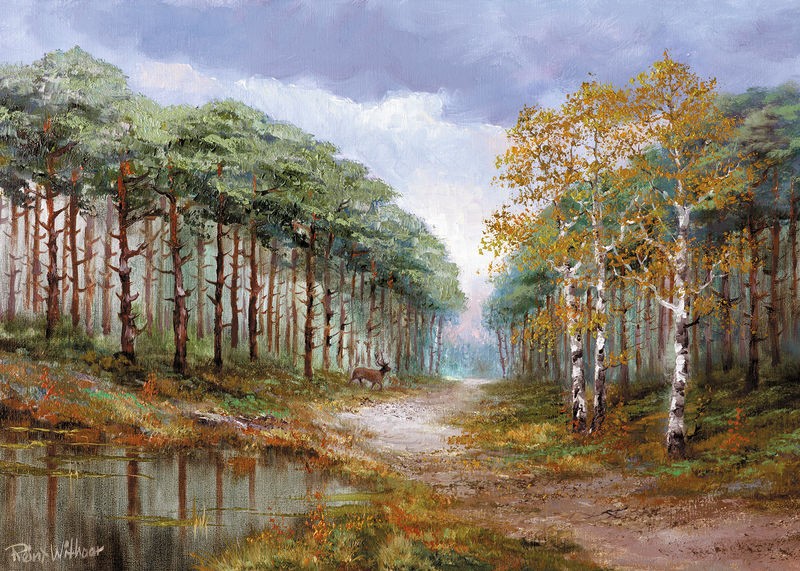 Reint Withaar, Deer in the woods (Teich, Tümpel, Reh, Wald, Waldweg, Bäume, Einsamkeit, Ruhe, Idylle, Landschaft, Treppenhaus, Wohnzimmer, Esszimmer, Malerei, bunt)