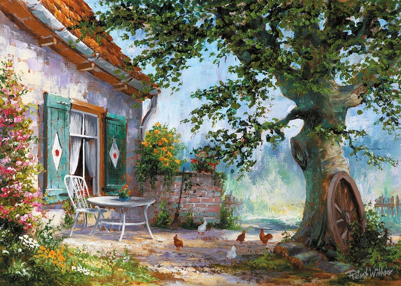 Reint Withaar, Happy chickens (Bauernhaus, Nostalgie, Hühner, Idylle, Landschaft, Treppenhaus, Wohnzimmer, Esszimmer, Malerei, Wunschgröße, bunt)