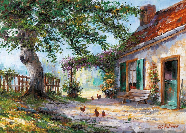 Reint Withaar, Summer in France (Bauernhaus, Nostalgie, Hühner, Idylle, Baum, Sommer, Landschaft, Treppenhaus, Wohnzimmer, Esszimmer, Malerei, Wunschgröße, bunt)