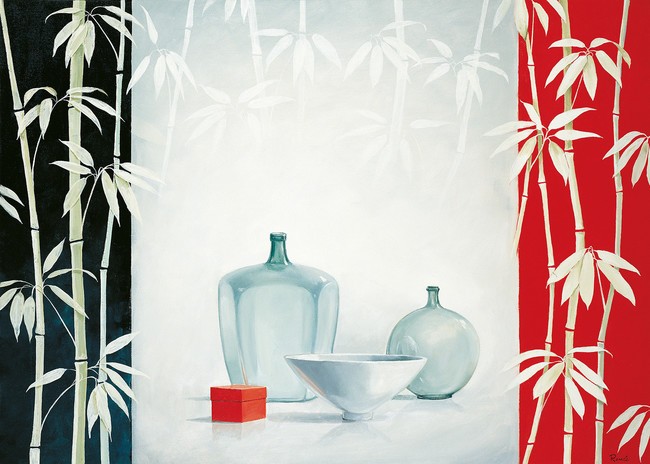 Renee, Bamboo and bowls I (Vasen, Flasche, Schale, florale Muster, Bambus, Zweige, Stillleben, modern, asiatisch, Treppenhaus, Esszimmer, Küche, Wunschgröße, schwarz/weiß, rot)
