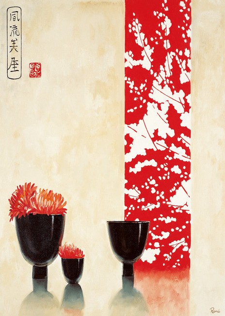 Renee, Asian bowls I (Schalen, florale Muster, Becher, Schriftzeichen, Blüten, Zweige, Stillleben, modern, asiatisch, Treppenhaus, Esszimmer, Küche, Wunschgröße, beige/rot)