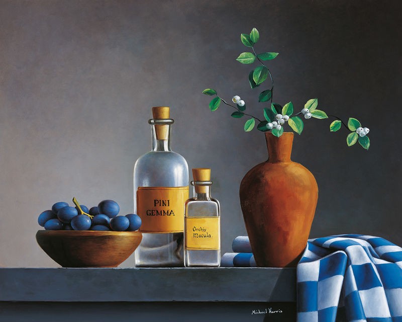 Michael Harris, Stillife with bottles (Stillleben, Vase, Blumenvase, Schale,Trauben, Tischtuch, Spirituosen, Wunschgröße, Malerei, Wohnzimmer, Esszimmer,  bunt)