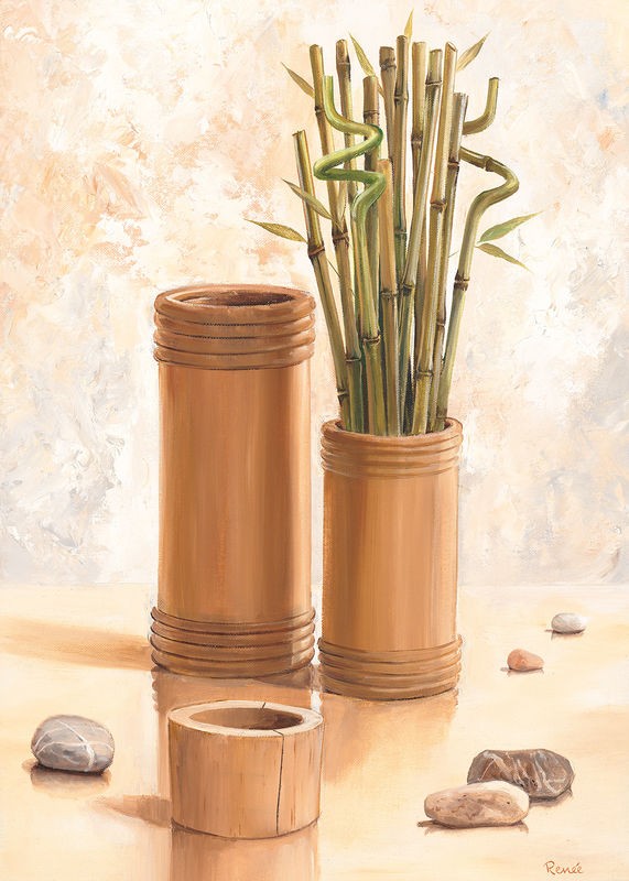 Renee, Zen bamboo I (Becher, Bambusbecher, Bambuszweige, Kieselsteine, Zenbuddhismus, Wellness, Stillleben, modern, asiatisch, Treppenhaus, Esszimmer, Küche, Wunschgröße, beige/grün)
