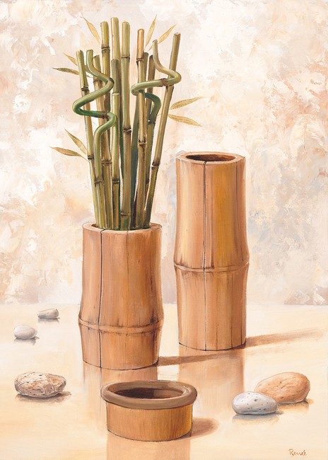 Renee, Zen bamboo II (Becher, Bambusbecher, Bambuszweige, Kieselsteine, Zenbuddhismus, Wellness, Stillleben, modern, asiatisch, Treppenhaus, Esszimmer, Küche, Wunschgröße, beige/grün)