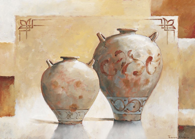 Tanya Alberto, Vases I (Stillleben, Vasen, Krüge, Farbfelder, modern, Esszimmer, Wohnzimmer, Treppenhaus, Wunschgröße, bunt)