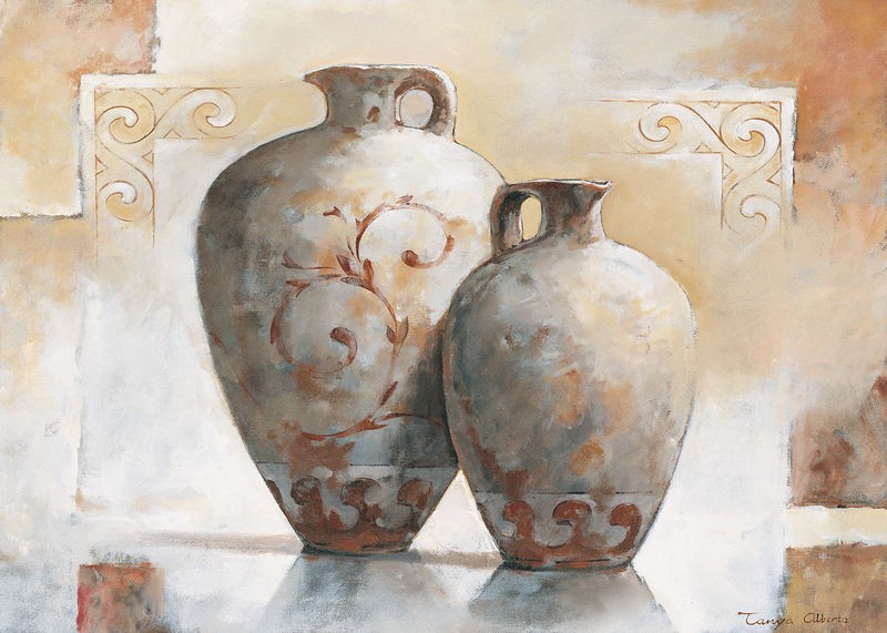 Tanya Alberto, Vases II (Stillleben, Vasen, Krüge, Farbfelder, modern, Esszimmer, Wohnzimmer, Treppenhaus, Wunschgröße, bunt)