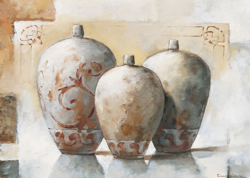 Tanya Alberto, Vases IV (Stillleben, Vasen, Krüge, Farbfelder, modern, Esszimmer, Wohnzimmer, Treppenhaus, Wunschgröße, bunt)