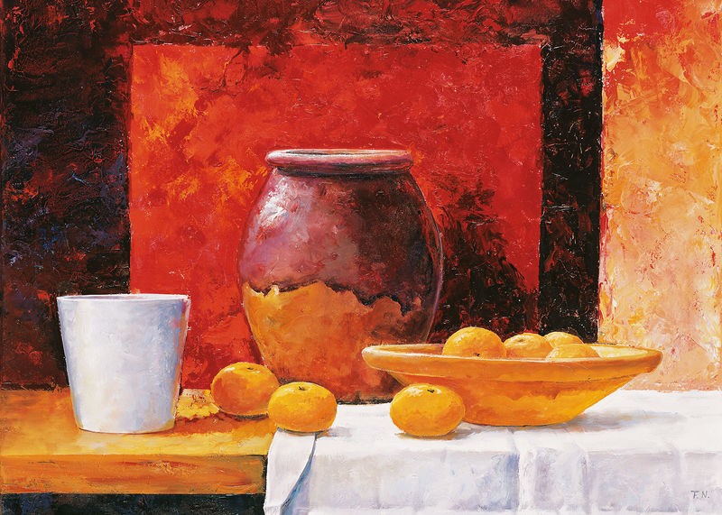 Frans Nauts, Stillife in red I (Stillleben, Tontopf, Mandarinen, Becher, abstrakter Hintergrund, dekorativ, zeitgenössisch, Wohnzimmer, Esszimmer, Wunschgröße, Malerei, rot/bunt)
