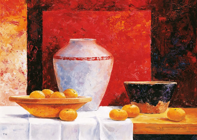 Frans Nauts, Stillife in red II (Stillleben, Tontopf, Mandarinen, Becher, abstrakter Hintergrund, dekorativ, zeitgenössisch, Wohnzimmer, Esszimmer, Wunschgröße, Malerei, rot/bunt)