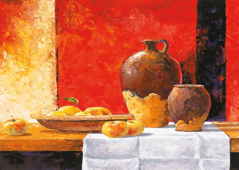 Frans Nauts, Stillife with apples I (Stillleben, Tontopf, Äpfel, Becher, abstrakter Hintergrund, dekorativ, zeitgenössisch, Wohnzimmer, Esszimmer, Wunschgröße, Malerei, rot/bunt)