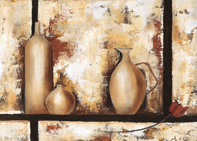 Florenti, Stillife with vases I (Stillleben, Krug, Vase, Flasche,  modern, zeitgenössisch, dekorativ, Malerei, Wunschgröße, Treppenhaus, Esszimmer, Wohnzimmer, beige)