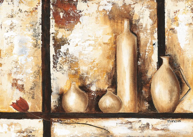 Florenti, Stillife with vases II (Stillleben, Krug, Vase, Flasche,  modern, zeitgenössisch, dekorativ, Malerei, Wunschgröße, Treppenhaus, Esszimmer, Wohnzimmer, beige)