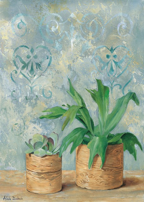 Alain Dubois, Green plants II (Stillleben, Blumentöpfe, Topfpflanzen, Nostalgie, Malerei, Wohnzimmer, Treppenhaus, Schlafzimmer, Wunschgröße, bunt)