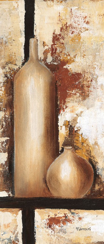 Florenti, Vases I (Stillleben,, Vase, Flasche,  modern, zeitgenössisch, dekorativ, Malerei, Wunschgröße, Treppenhaus, Esszimmer, Wohnzimmer, beige)