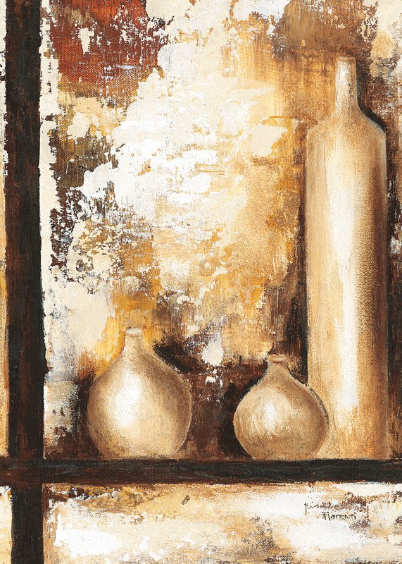 Florenti, Vases II (Stillleben, Krug, Vase, Flasche,  modern, zeitgenössisch, dekorativ, Malerei, Wunschgröße, Treppenhaus, Esszimmer, Wohnzimmer, beige)