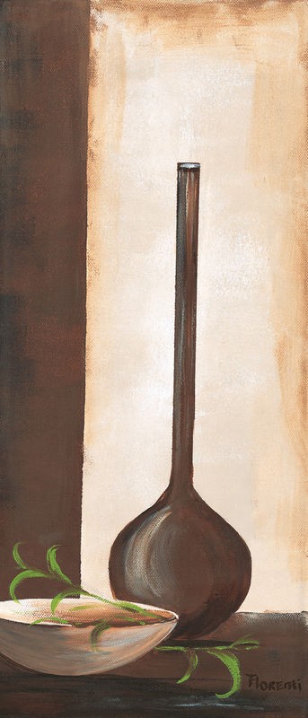 Florenti, Brown vase I (Stillleben, Vase, Teller, modern, zeitgenössisch, dekorativ, Malerei, Wunschgröße, Treppenhaus, Esszimmer, Wohnzimmer, beige/braun)