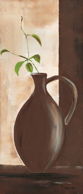 Florenti, Brown vase III (Stillleben, Vase, grüner Zweig, modern, zeitgenössisch, dekorativ, Malerei, Wunschgröße, Treppenhaus, Esszimmer, Wohnzimmer, beige/braun)