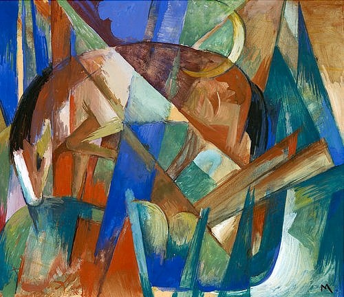 Franz Marc, Fabeltier II. (Pferd) 1913. (Marc,Franz,1880-1916,Kochel,Franz-Marc-Museum,Tempera/Karton,Marc,Franz Marc,Pferd,20. Jahrhundert,Kubismus,Mondsichel,Strahlen)