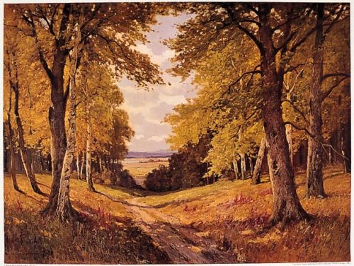 Erich Krueger, Waldidyll (Landschaft, Landschaftsmalerei, Wald, Waldweg, Bäume, Herbst,  Jahreszeit, Wohnzimmer, Malerei, bunt)