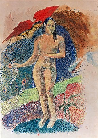 Paul Gauguin, Tahitianische Eva. 1891. (Gauguin,Paul,1848-1903,Privatbesitz Paris,Aquarell auf Papier,Weibliche Akte,Gauguin, Paul 1848-1903)