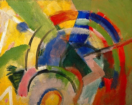 Franz Marc, Kleine Komposition IV. 1914 (Marc,Franz,1880-1916,Kochel,Franz-Marc-Museum,Öl auf Leinwand,20. Jahrhundert,Marc,Franz Marc,Expressionismus,Regenbogen,Farben,farbenfroh,Halbkreis,Bogen,Primärfarben,bunt,abstrakt)