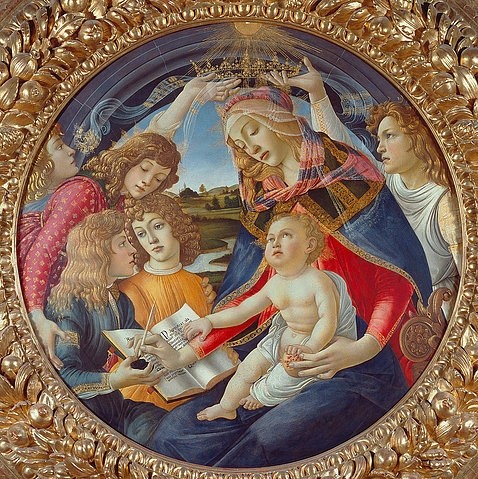 Sandro Botticelli, Maria mit Kind und fünf Engeln (Madonna del Magnificat). Tondo. Um 1481. (Maria, Mutter Gottes, Jesuskind, Schreibfeder, Buch, Symbolik, Engel, Lichtstrahl, Tondo, Rundbild, Renaissance, Klassiker, Wunschgröße, Schlafzimmer, Wohnzimmer, bunt)