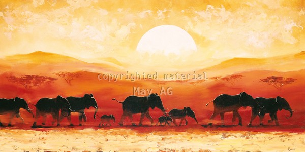 Renee, Elephants in sunset (Elefanten, Elefantenherde, Tiere, Afrika, Sonnenuntergang, Wunschgröße, modern, Ethnic, Wohnzimmer, Schlafzimmer, orange/gelb)