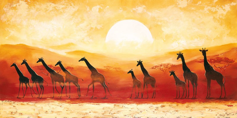 Renee, Giraffes in sunset (Giraffen, Giraffenherde, Tiere, Afrika, Sonnenuntergang, Wunschgröße, modern, Ethnic, Wohnzimmer, Schlafzimmer, orange/gelb)