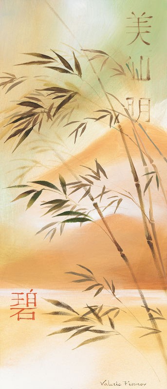 Valerie Prosnov, Bamboo wave III (Bambus, Zweige, Landschaft, diffus,  Schriftzeichen,  asiatisch, Treppenhaus, Wohnzimmer, Wunschgröße, beige)