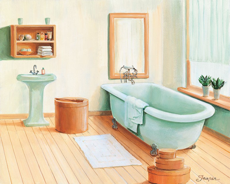 Jasper, Bathroom in green I (Badewanne, Bad, Nostalgie, Fenster, Licht, Badezimmer, Treppenhaus, Wunschgröße, Malerei, grün, bunt)