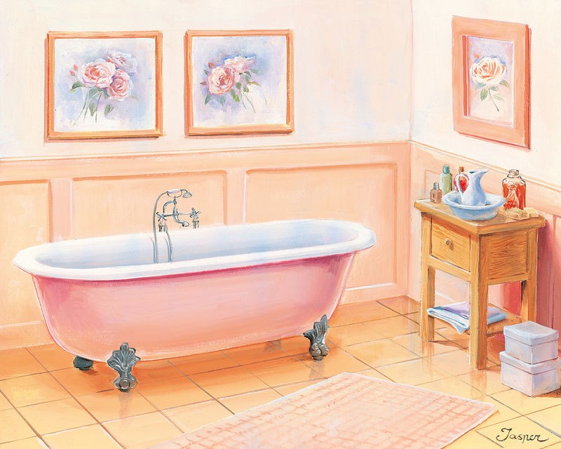 Jasper, Bathroom in pink I (Badewanne, Bad, Nostalgie, Fenster, Licht, Badezimmer, Treppenhaus, Wunschgröße, Malerei, rosa, bunt)