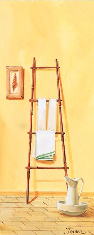 Jasper, Bathroom in yellow III (Wäscheständer,Waschschüssel, Handtuch, Bad, Nostalgie,  Badezimmer, Treppenhaus, Wunschgröße, Malerei, gelb, bunt)
