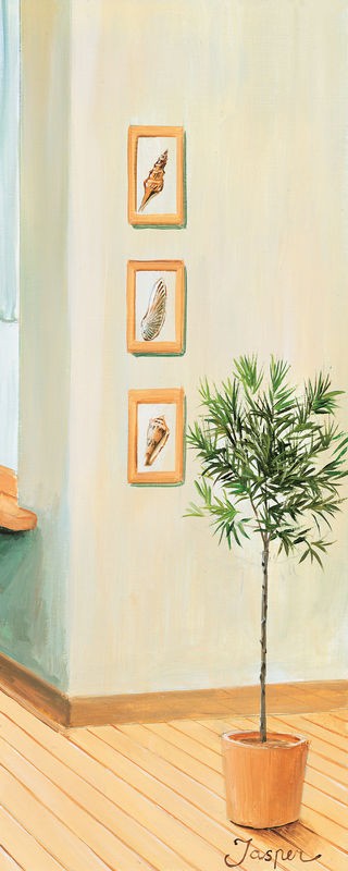Jasper, Bathroom in green III (Olivenbaum, Bad, Nostalgie, mediterran, Badezimmer, Treppenhaus, Wunschgröße, Malerei, grün, bunt)