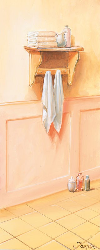 Jasper, Bathroom in pink III (Flacons, Regal, Handtücher, Bad, Nostalgie,  Vintage, Badezimmer, Treppenhaus, Wunschgröße, Malerei, rosa, bunt)