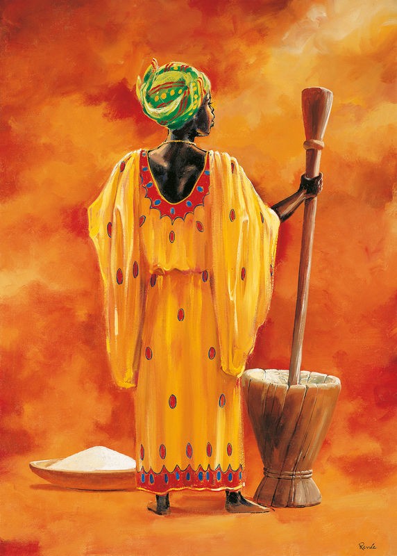 Renee, African lady 2-3 (Afrikanerin, Frau, Turban, Holzgefäß, Stössel, Afrika,   Wunschgröße, modern, Ethnic, Wohnzimmer, Treppenhaus, orange/gelb/bunt)