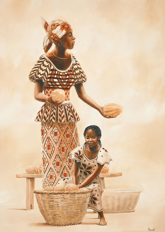 Renee, African life II (Afrikanerin, Frau, Mutter, Kind, Mädchen, Obstverkäuferin, modern, naturalistisch, Ethnic, Wohnzimmer, Treppenhaus, Wunschgröße, erdfarben)