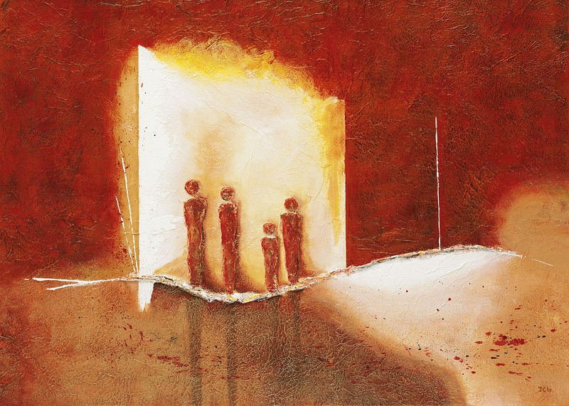 Dien Christiaans, Far away I (Malerei, Abstrakte Kunst, figurativ, Personen, Menschen, Farbflächen, Struktur, Büro, Wohnzimmer, Modern, Wunschgröße, bunt)