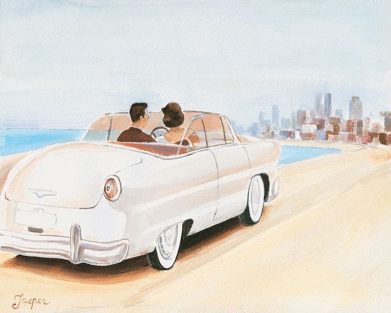 Jasper, Pastel car I (Oldtimer, Auto, fünfziger Jahre, Ausflug, Reise, Paar, Urlaub, Meer, Sommer, Nostalgie, Retro, Vintage, Wohnzimmer, Treppenhaus, Wunschgröße, Malerei, bunt)