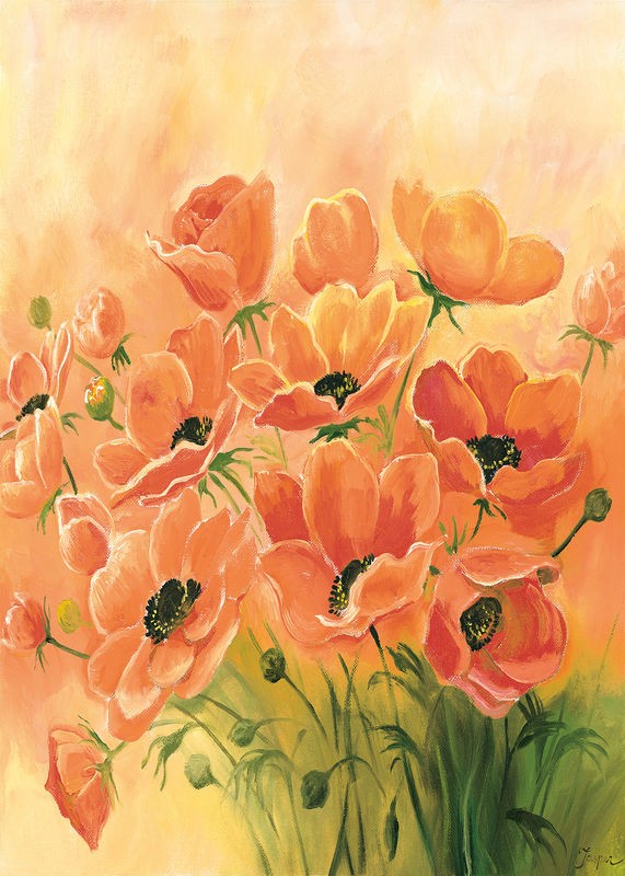 Jasper, Red poppies 2-3 (Blumen, rote Mohnblumen, Blüten, Knospen, Wohnzimmer, Treppenhaus, Schlafzimmer, Wunschgröße, Malerei, pastell, orange)